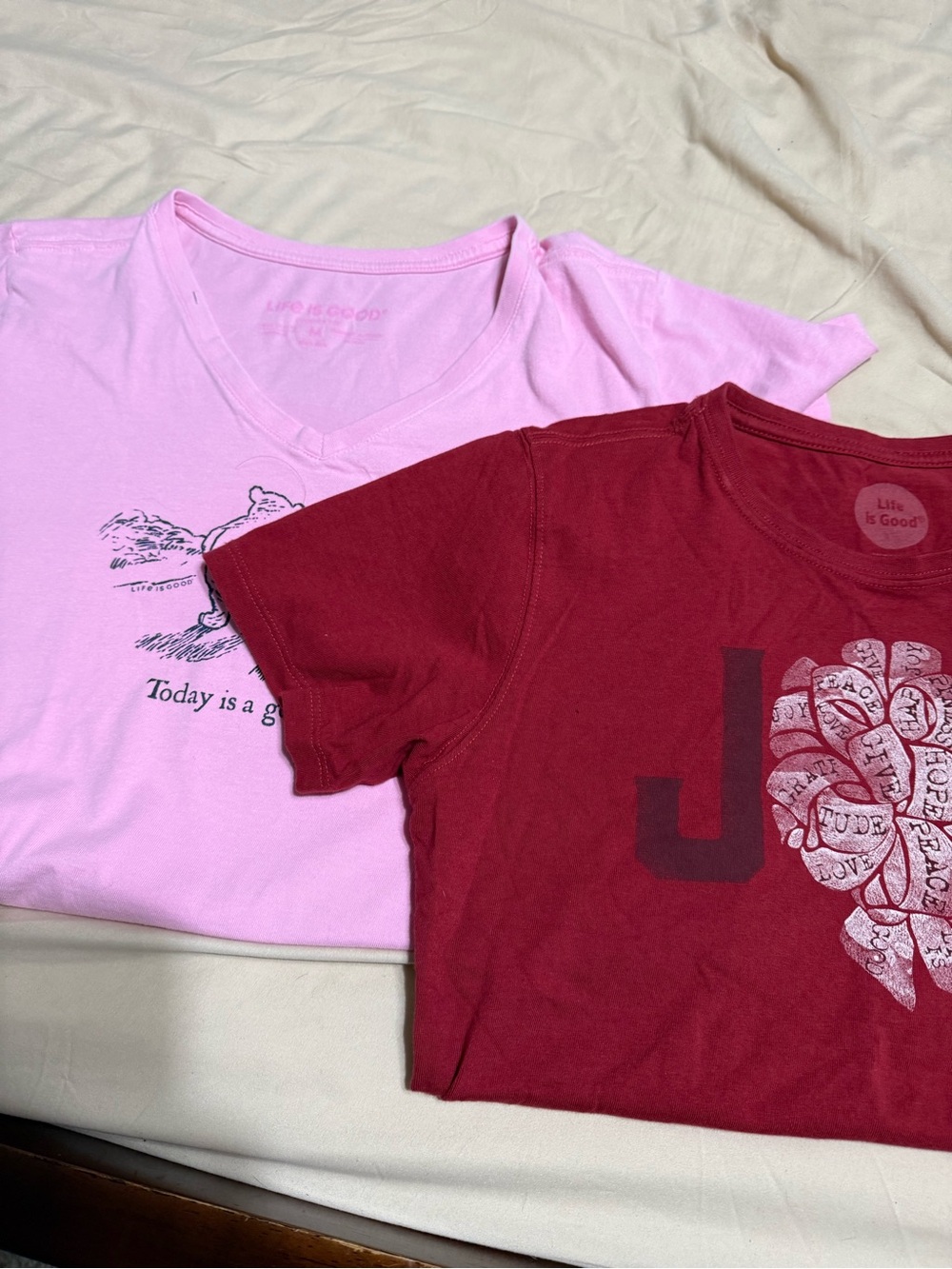 Life is Good Short Sleeve Tees - Pink Size M & Red Size Small